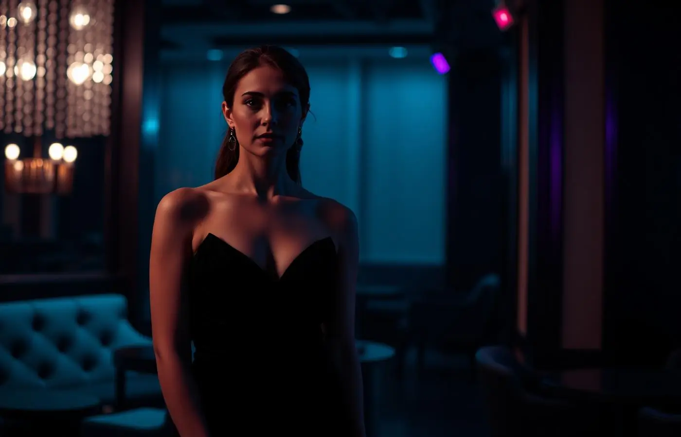 A poised adult woman in elegant eveningwear in a dimly lit private lounge