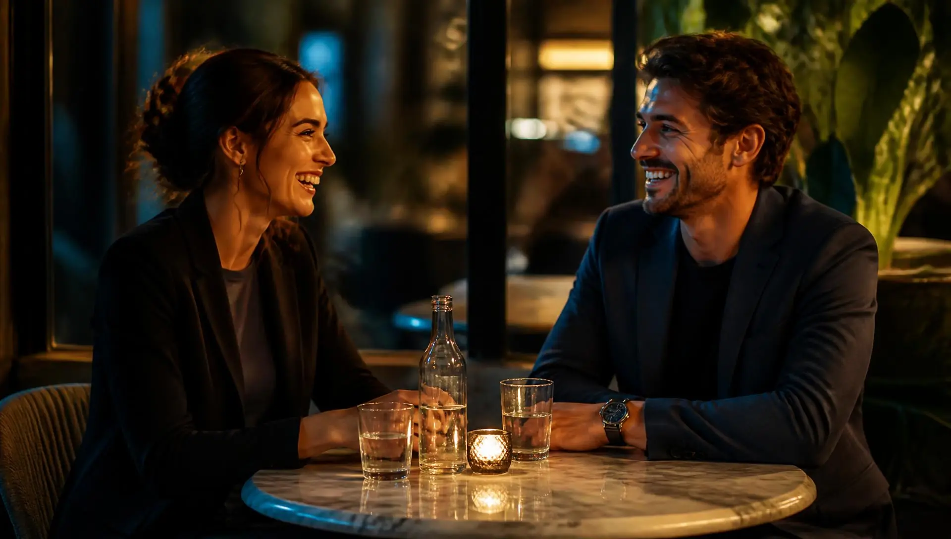 Two adults talking respectfully across a small table in a warm upscale cafe at night
