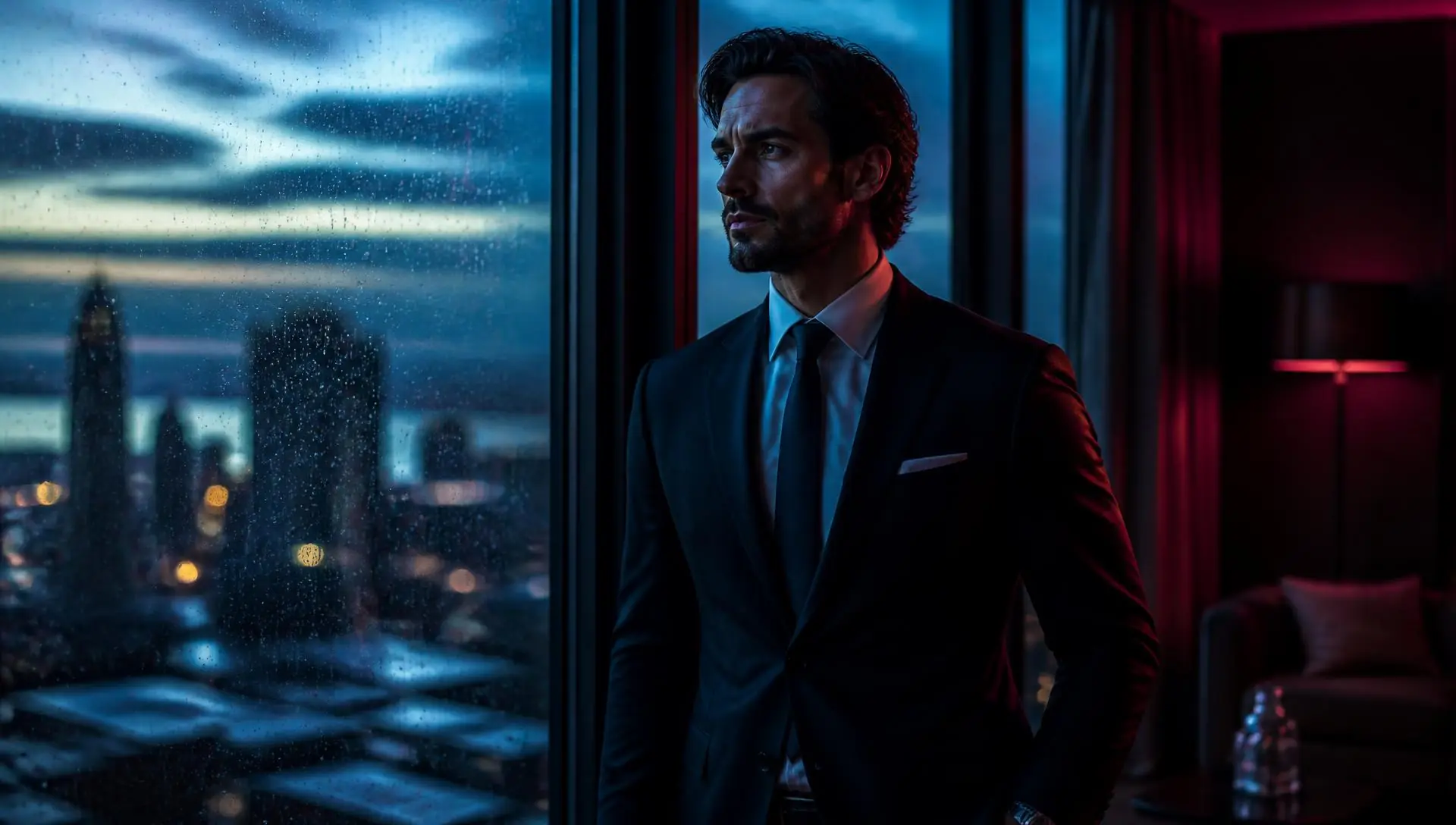 A confident adult man in a tailored suit at a rain-streaked high-rise window at dusk