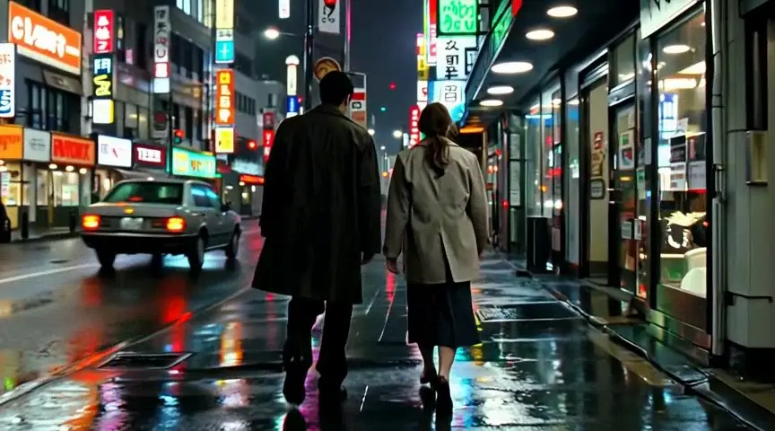 A couple walking a rain-slicked neon-lit city street at night