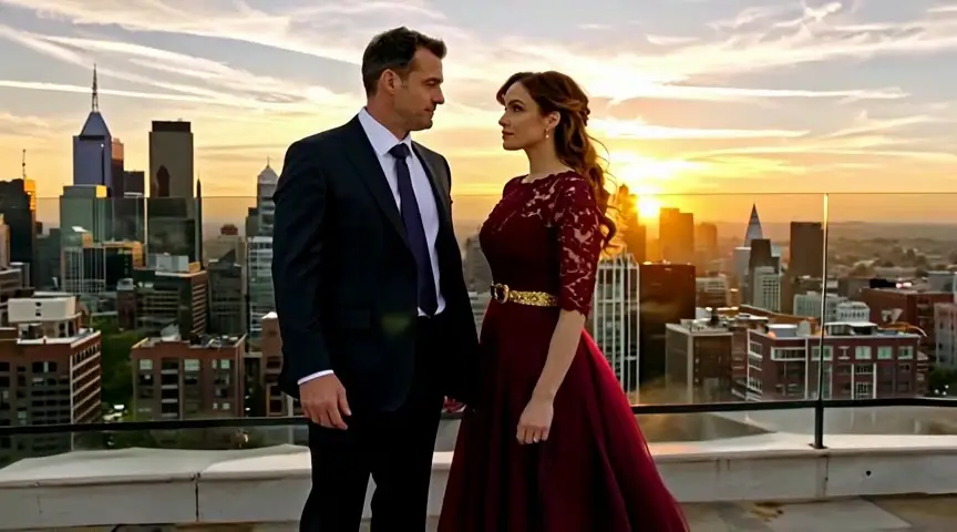 An elegant couple on a luxury rooftop terrace at sunset